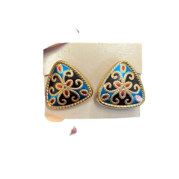 Avon Jewelry - Avon mosaic  Goldtone, Blue and Black clip Earrings NIB vintage 1988